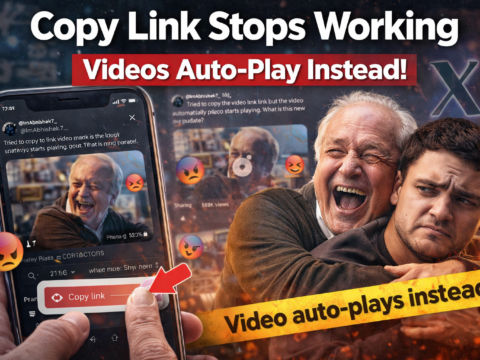 X app update bug where copy video link triggers auto-play instead of copying, shown on smartphone with frustrated user reaction
