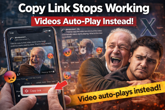 X app update bug where copy video link triggers auto-play instead of copying, shown on smartphone with frustrated user reaction