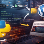 A laptop showing Python code automating article generation and publishing to a website with APIs and content pipeline visuals