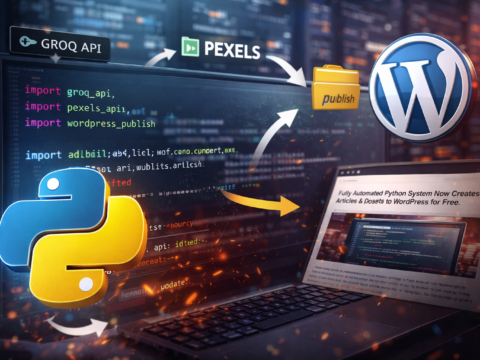 A laptop showing Python code automating article generation and publishing to a website with APIs and content pipeline visuals