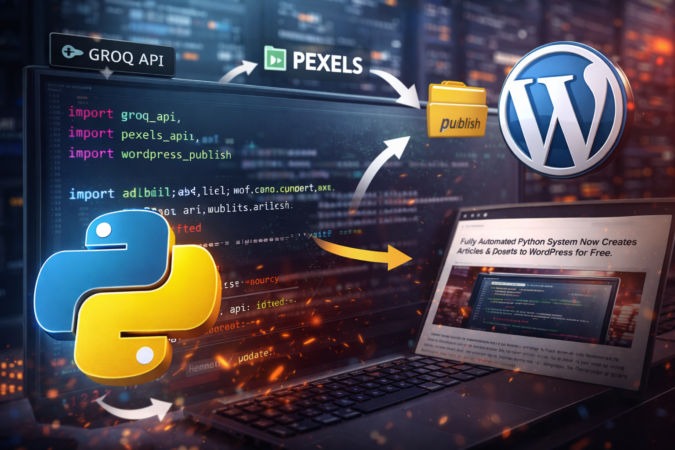 A laptop showing Python code automating article generation and publishing to a website with APIs and content pipeline visuals