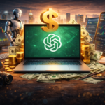laptop with AI interface surrounded by money, stock charts, and creative tools representing earning with ChatGPT in 2026