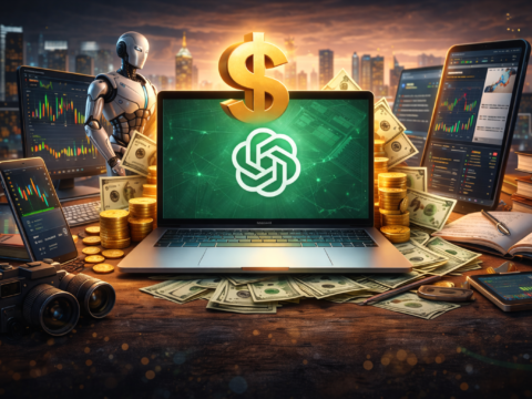 laptop with AI interface surrounded by money, stock charts, and creative tools representing earning with ChatGPT in 2026