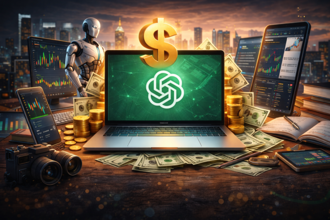 laptop with AI interface surrounded by money, stock charts, and creative tools representing earning with ChatGPT in 2026