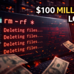 A computer terminal showing a dangerous rm -rf command deleting files, with servers in the background and money flying to represent massive financial loss