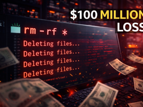 A computer terminal showing a dangerous rm -rf command deleting files, with servers in the background and money flying to represent massive financial loss