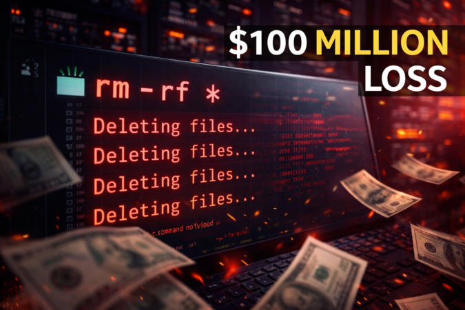 A computer terminal showing a dangerous rm -rf command deleting files, with servers in the background and money flying to represent massive financial loss