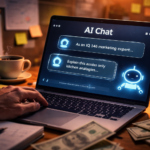 A person using a laptop with an AI chatbot interface, surrounded by notes, coffee, and money on a desk, representing creative prompting and high-value AI results