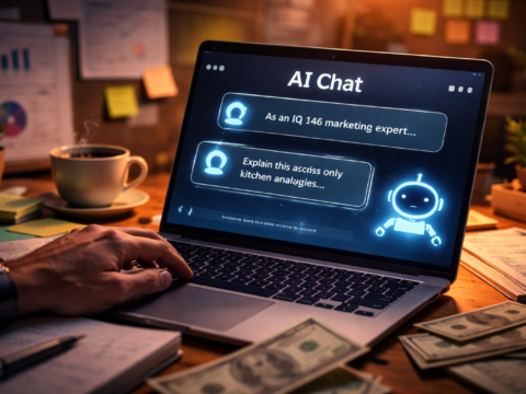 A person using a laptop with an AI chatbot interface, surrounded by notes, coffee, and money on a desk, representing creative prompting and high-value AI results