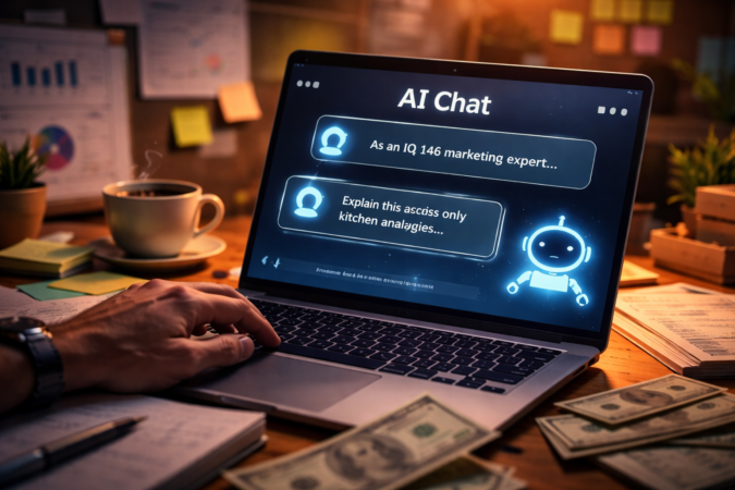 A person using a laptop with an AI chatbot interface, surrounded by notes, coffee, and money on a desk, representing creative prompting and high-value AI results