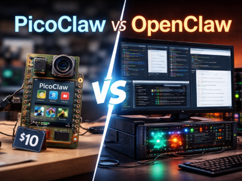 small edge AI device compared with large server setup representing PicoClaw vs OpenClaw concept