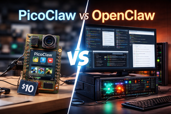 small edge AI device compared with large server setup representing PicoClaw vs OpenClaw concept